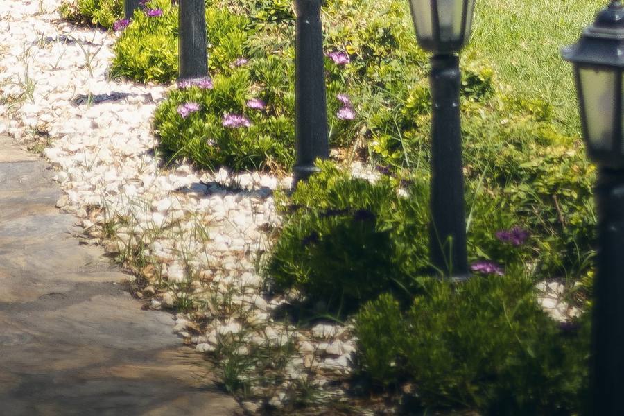 Angelegter Gartenweg mit Kiesbett, Wegleuchten und Bepflanzung